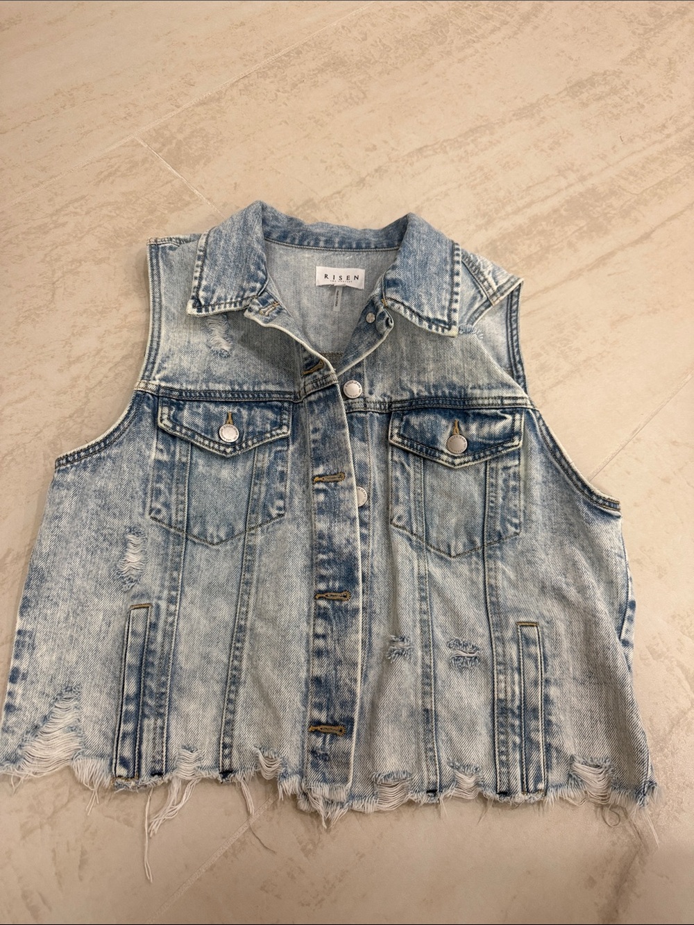 Risen Light Blue Distressed Denim Vest - Sleeveless Jacket